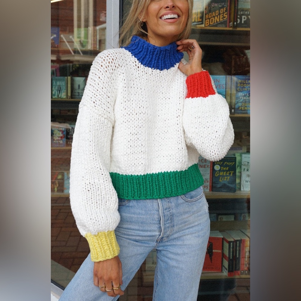 YLLW ZORA CHUNKY KNIT SWEATER yellow the label green white color block long top
